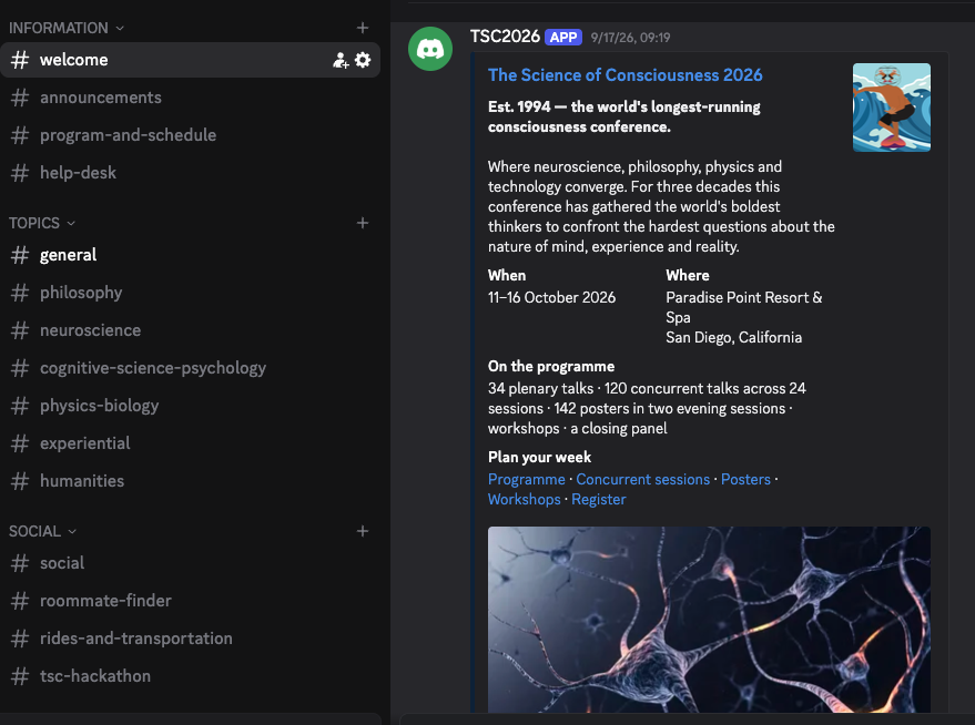 The TSC 2026 Discord server, showing the Information, Topics and Social channel groups in the sidebar and the welcome message.