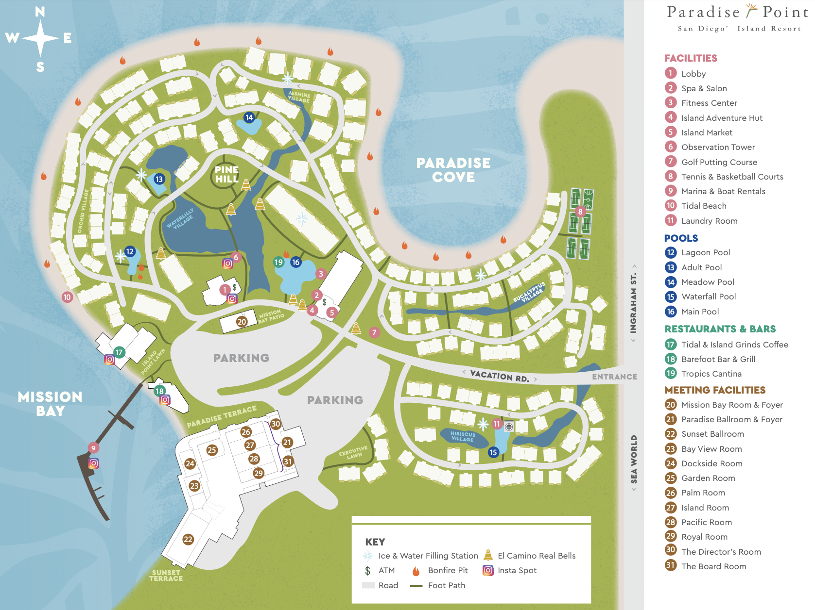 Paradise Point resort map showing the villages, pools, restaurants and bars, meeting facilities, parking areas, and the entrance from Vacation Road